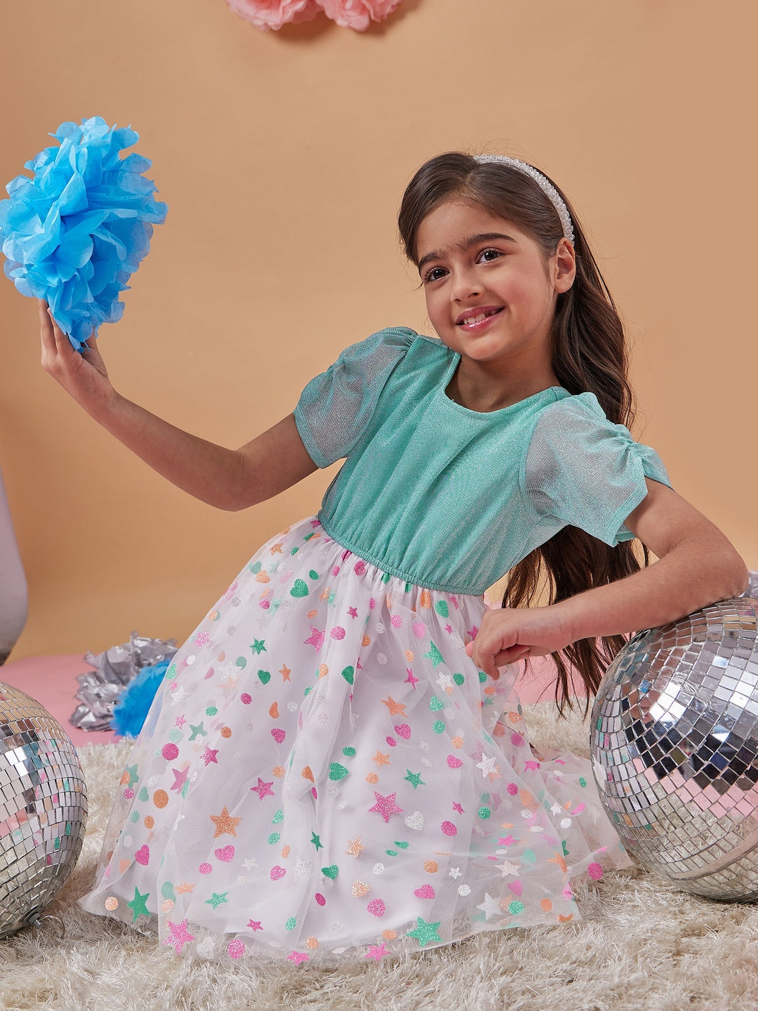 Girl's Polka Dot Printed Net A-Line Dress Perfect for Every Occasion Trendy Style (d-multistar)