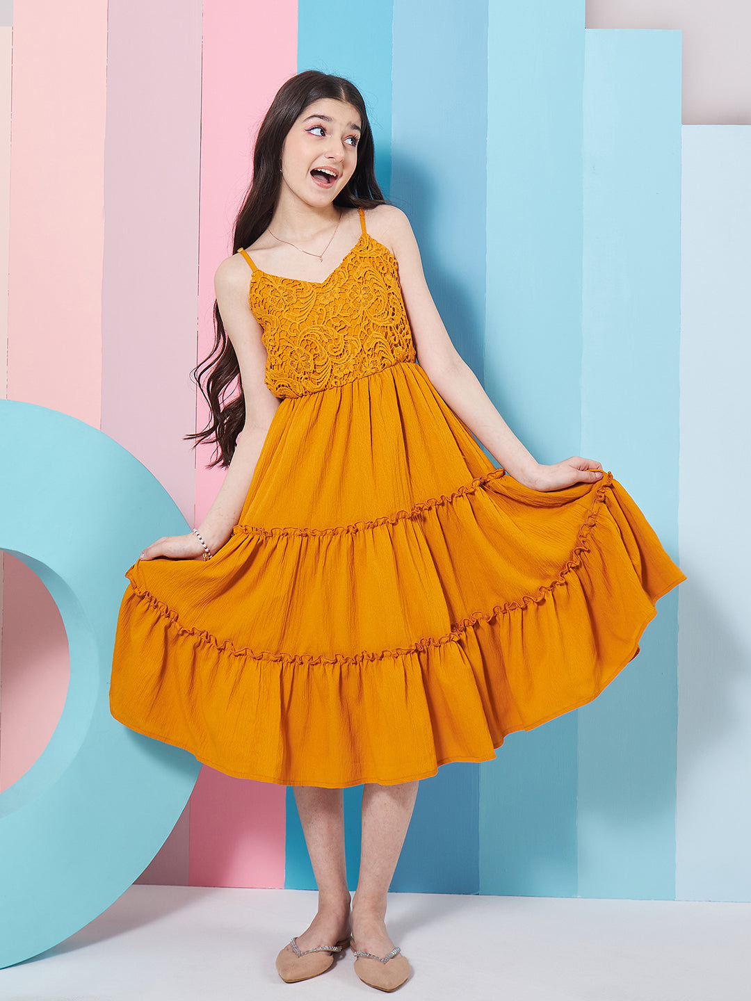 Girl's Self Design Shoulder Strap Crepe Fit Flare Midi Yellow Dress Stylish & Comfortable (d-mustard)