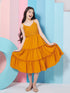 Girl's Self Design Shoulder Strap Crepe Fit Flare Midi Yellow Dress Stylish & Comfortable (d-mustard)