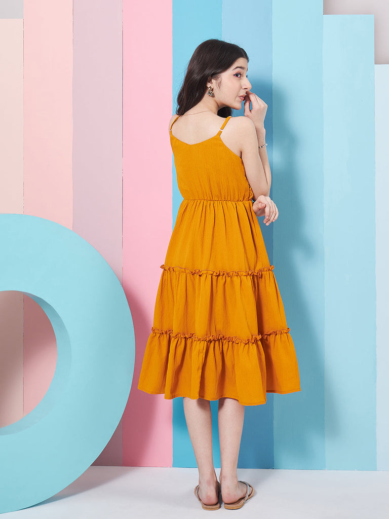 Girl's Self Design Shoulder Strap Crepe Fit Flare Midi Yellow Dress Stylish & Comfortable (d-mustard)
