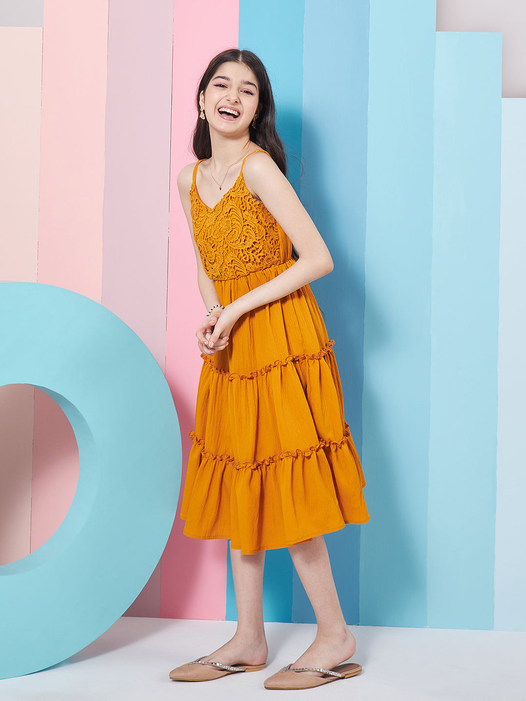Girl's Self Design Shoulder Strap Crepe Fit Flare Midi Yellow Dress Stylish & Comfortable (d-mustard)