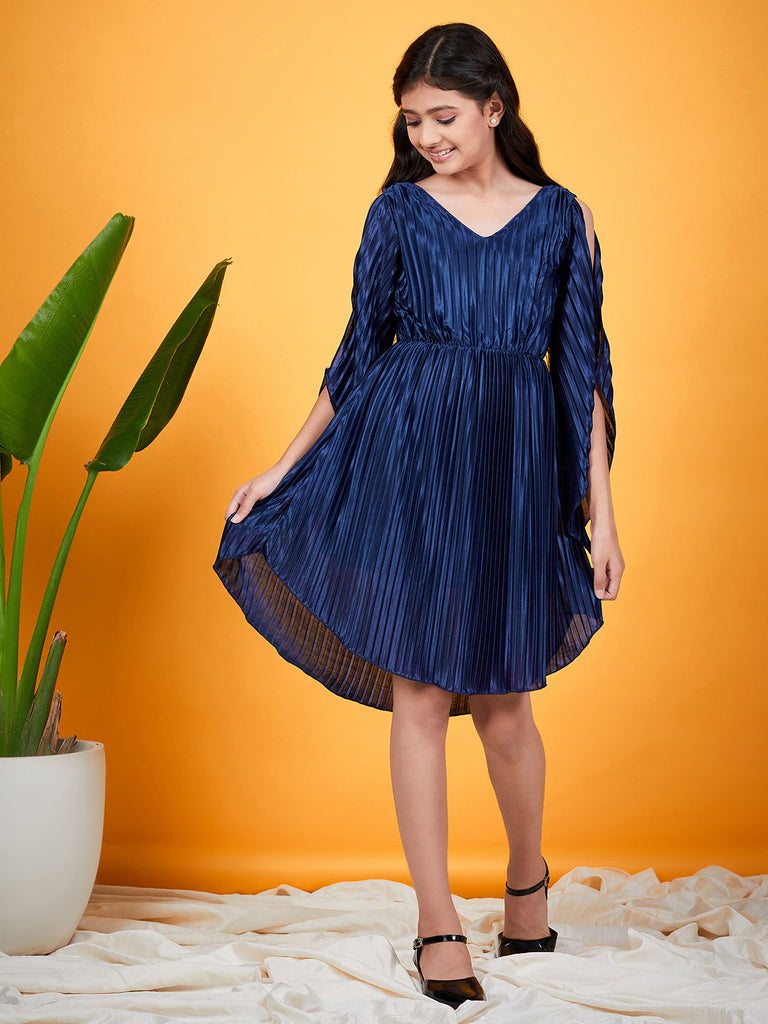 Girls Self Design Slit Sleeves V-neck Accordion Pleated Satin Fit & Flare Dress (d-navpleat)