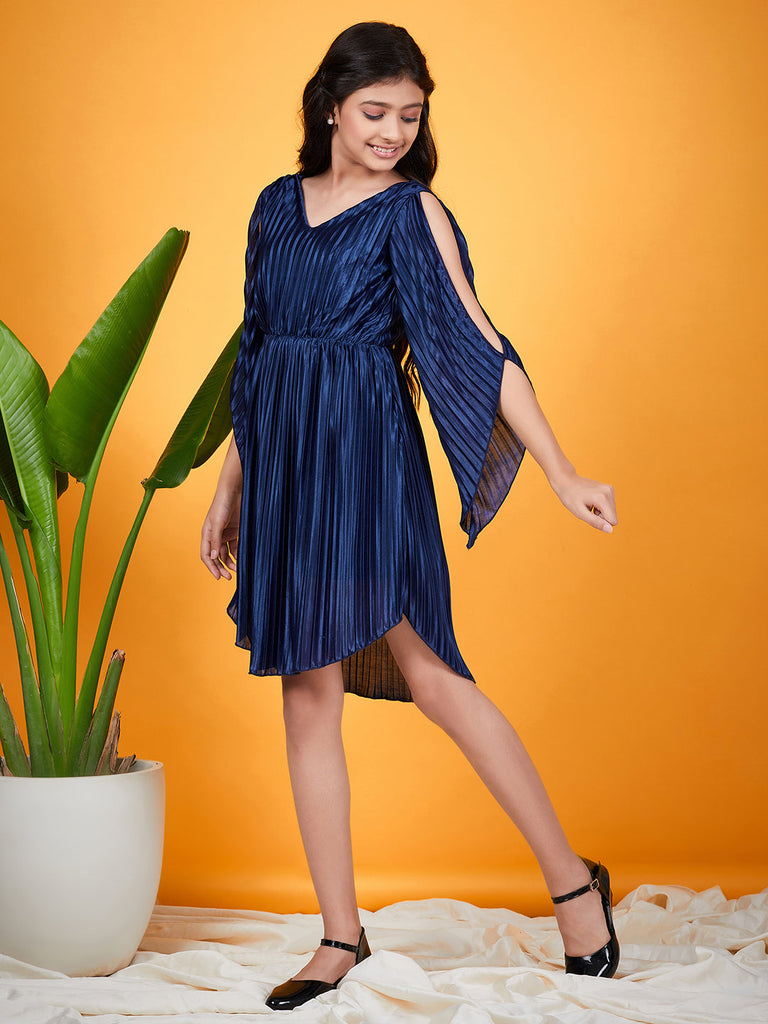 Girls Self Design Slit Sleeves V-neck Accordion Pleated Satin Fit & Flare Dress (d-navpleat)