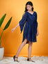 Girls Self Design Slit Sleeves V-neck Accordion Pleated Satin Fit & Flare Dress (d-navpleat)