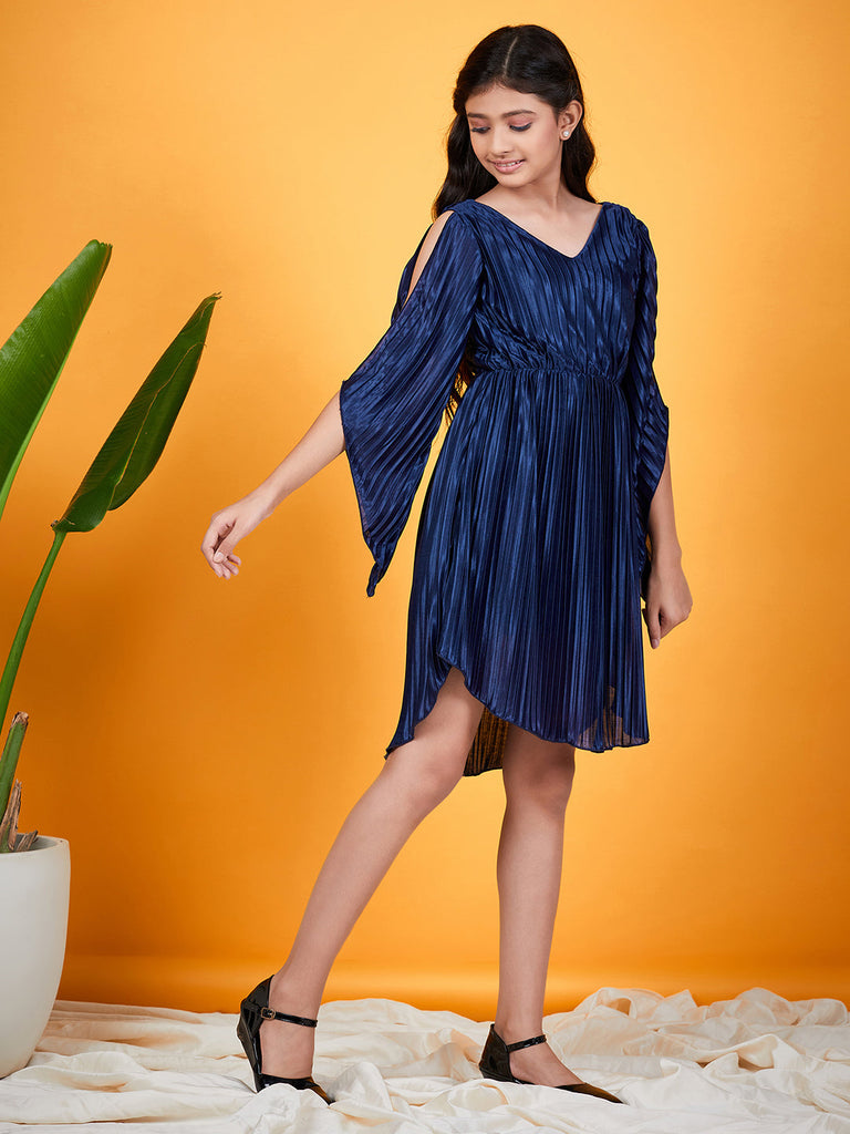 Girls Self Design Slit Sleeves V-neck Accordion Pleated Satin Fit & Flare Dress (d-navpleat)