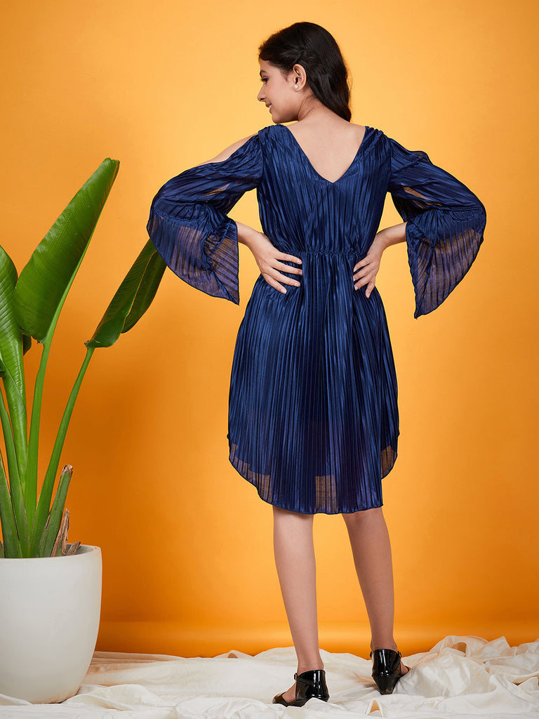 Girls Self Design Slit Sleeves V-neck Accordion Pleated Satin Fit & Flare Dress (d-navpleat)