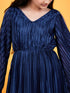 Girls Self Design Slit Sleeves V-neck Accordion Pleated Satin Fit & Flare Dress (d-navpleat)