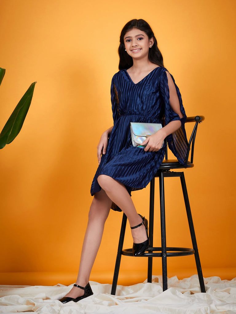 Girls Self Design Slit Sleeves V-neck Accordion Pleated Satin Fit & Flare Dress (d-navpleat)