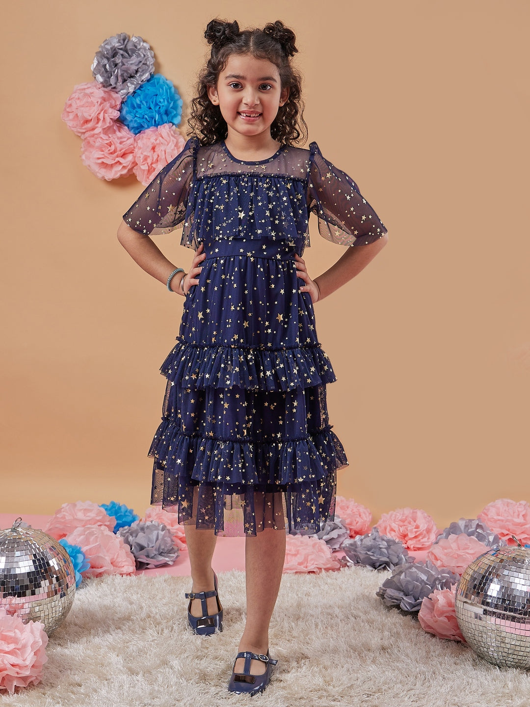 Girl's Floral Print Flared Sleeve Net A-Line Midi Blue Dress Trandy Stylish for Every Occasion (d-navyfoil)
