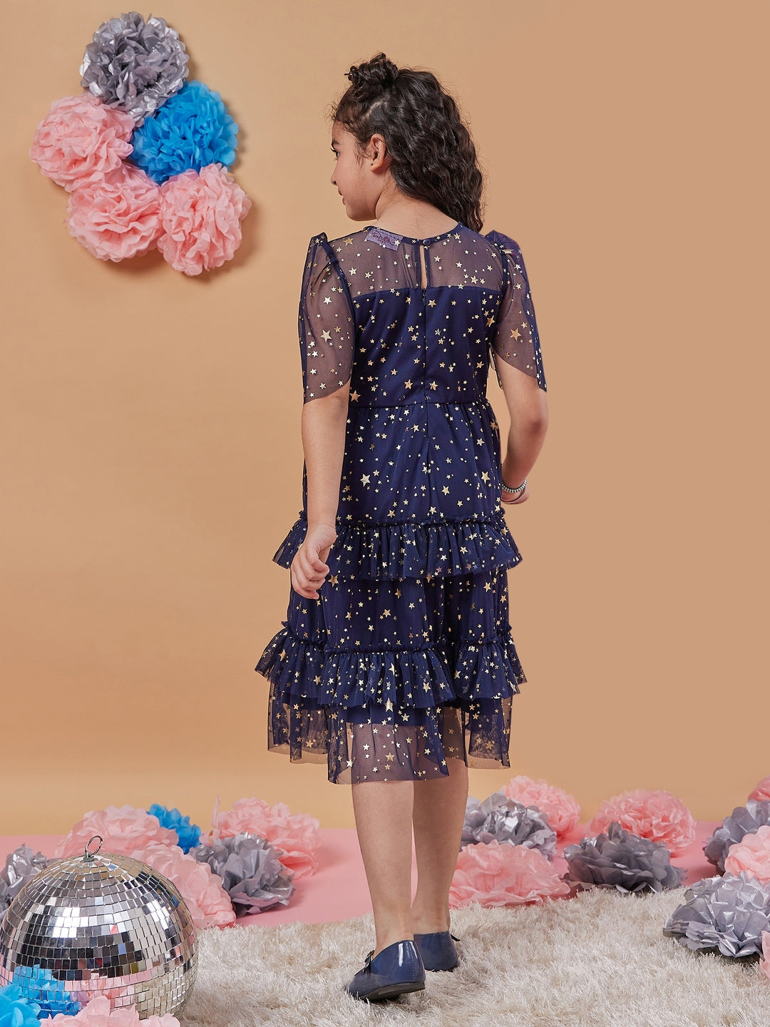 Girl's Floral Print Flared Sleeve Net A-Line Midi Blue Dress Trandy Stylish for Every Occasion (d-navyfoil)