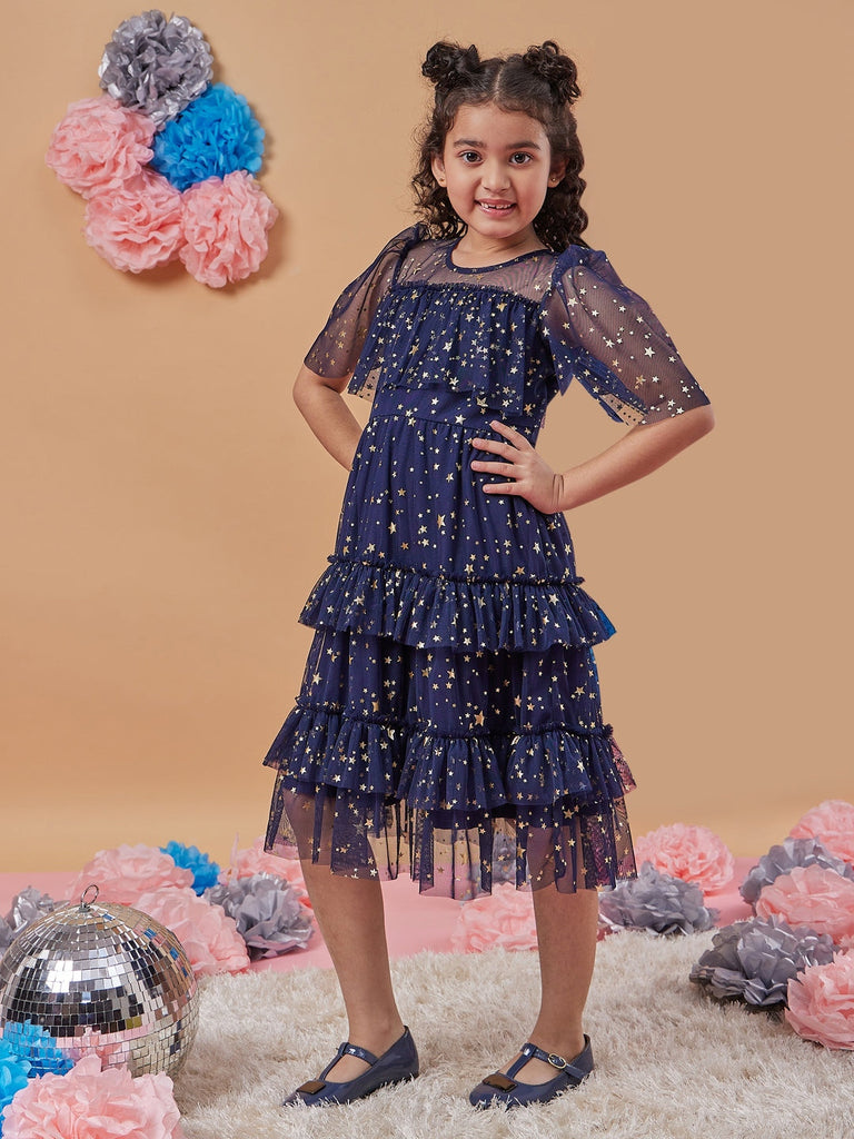 Girl's Floral Print Flared Sleeve Net A-Line Midi Blue Dress Trandy Stylish for Every Occasion (d-navyfoil)