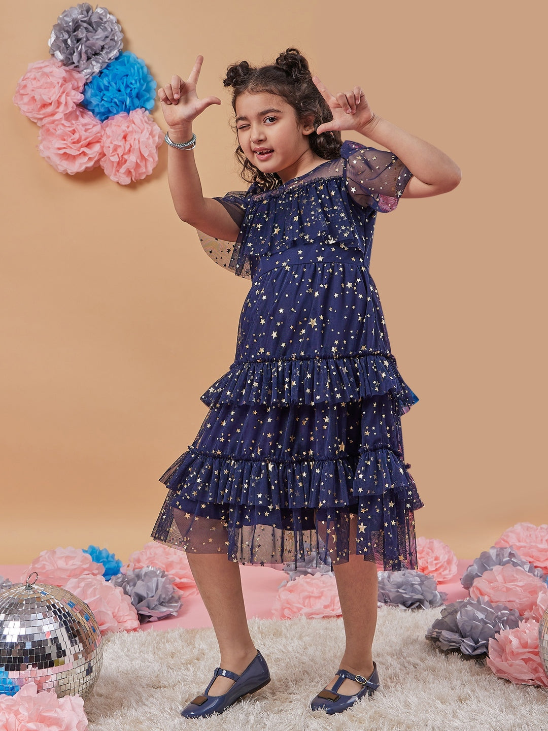 Girl's Floral Print Flared Sleeve Net A-Line Midi Blue Dress Trandy Stylish for Every Occasion (d-navyfoil)