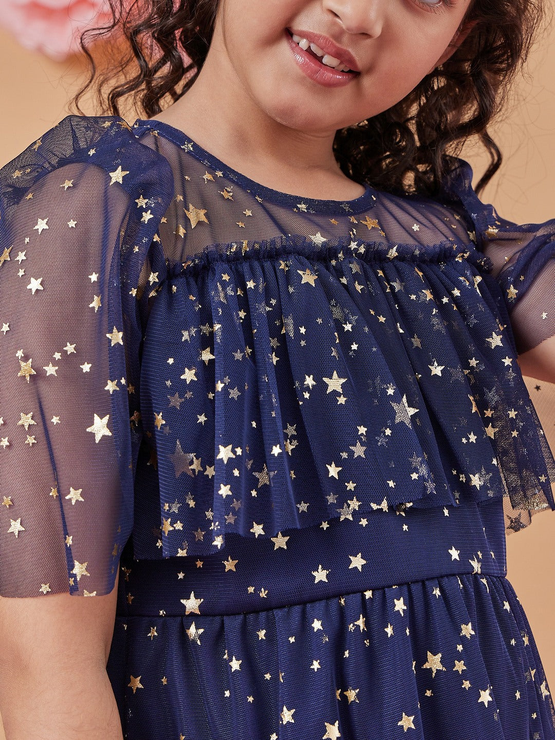Girl's Floral Print Flared Sleeve Net A-Line Midi Blue Dress Trandy Stylish for Every Occasion (d-navyfoil)