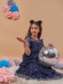Girl's Floral Print Flared Sleeve Net A-Line Midi Blue Dress Trandy Stylish for Every Occasion (d-navyfoil)