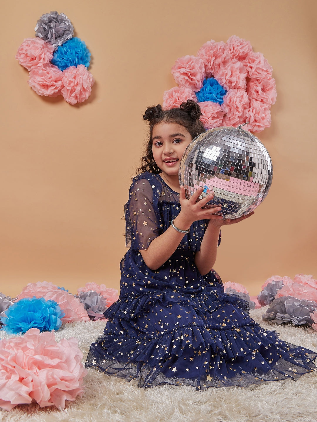 Girl's Floral Print Flared Sleeve Net A-Line Midi Blue Dress Trandy Stylish for Every Occasion (d-navyfoil)