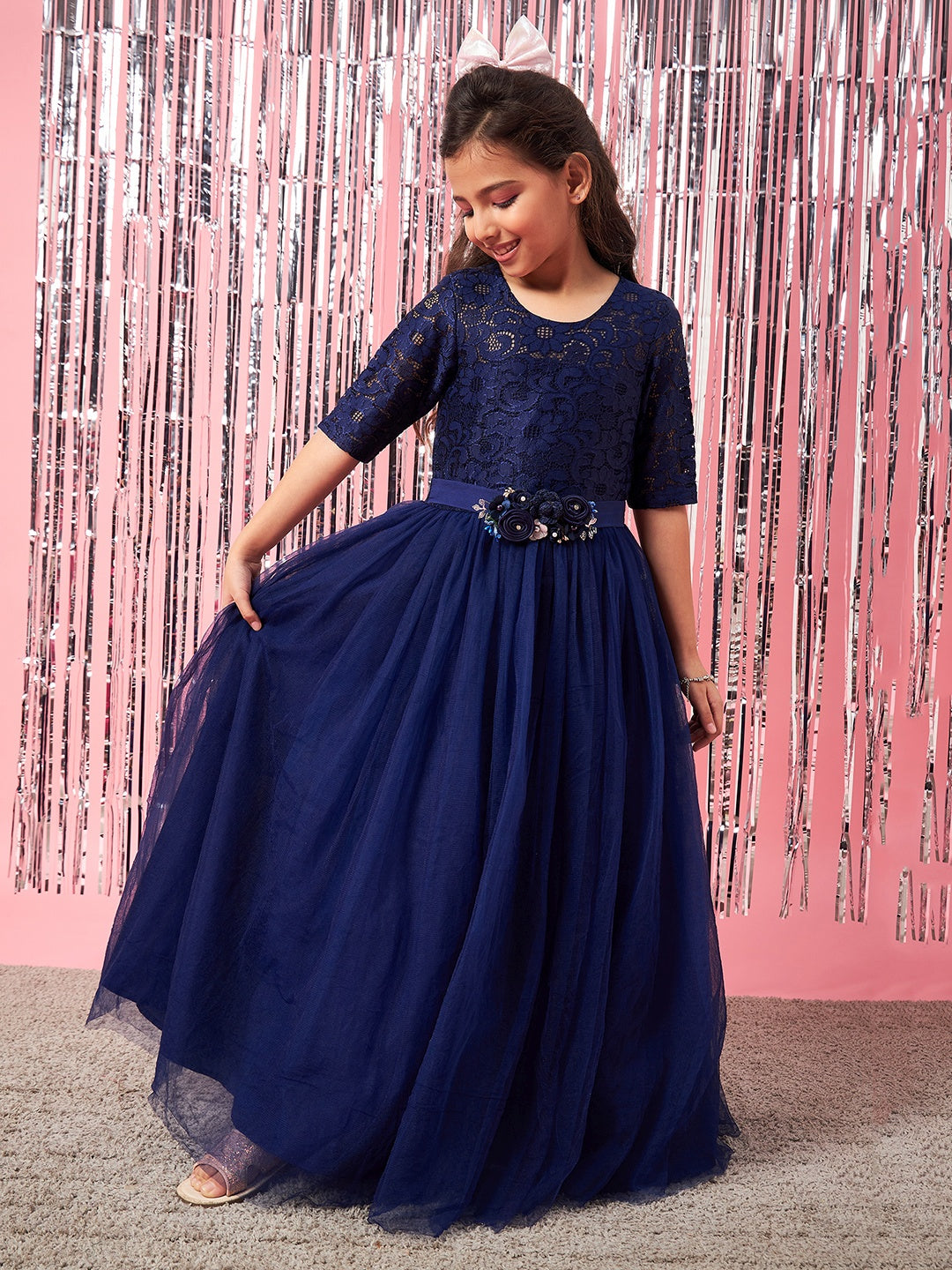 Girls Embellished Applique Fit & Flare Maxi Dress (d-navygown)