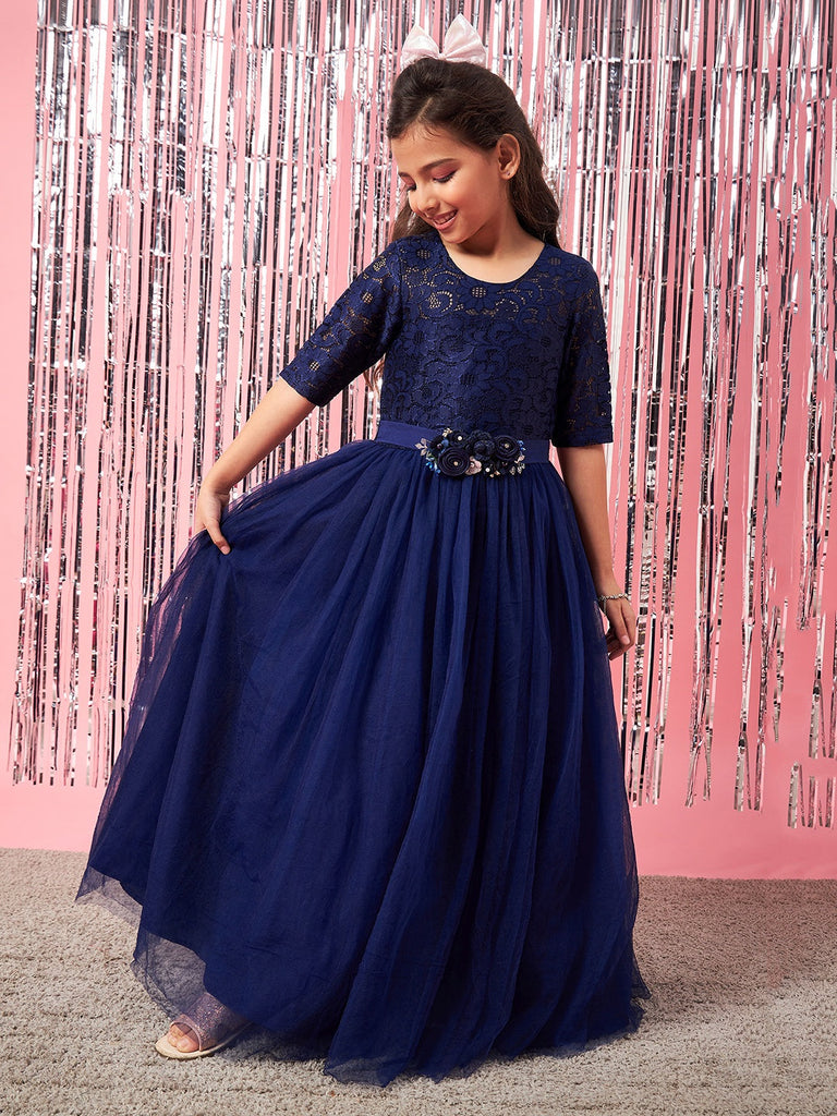 Girls Embellished Applique Fit & Flare Maxi Dress (d-navygown)