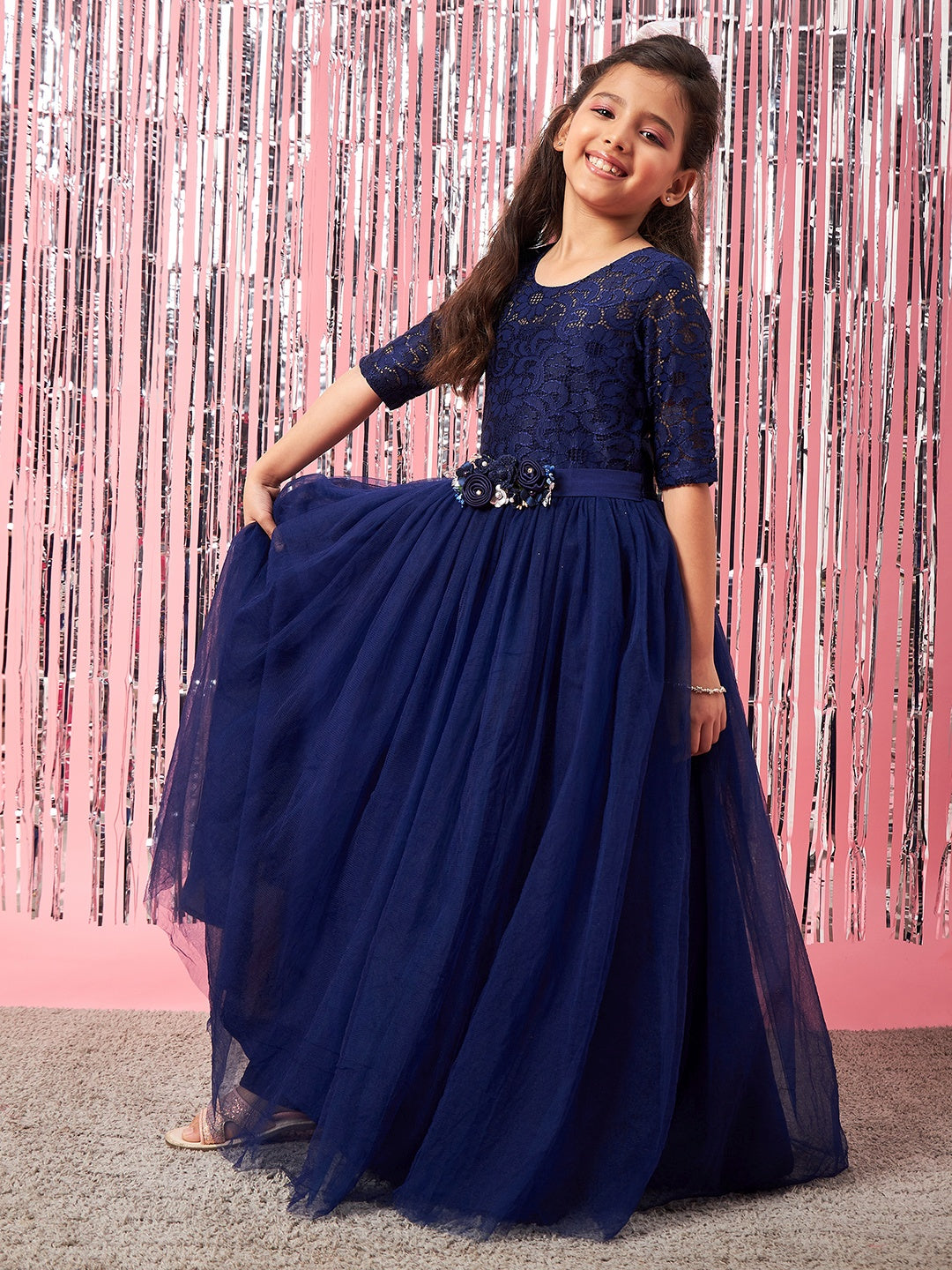 Girls Embellished Applique Fit & Flare Maxi Dress (d-navygown)