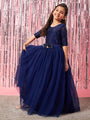 Girls Embellished Applique Fit & Flare Maxi Dress (d-navygown)