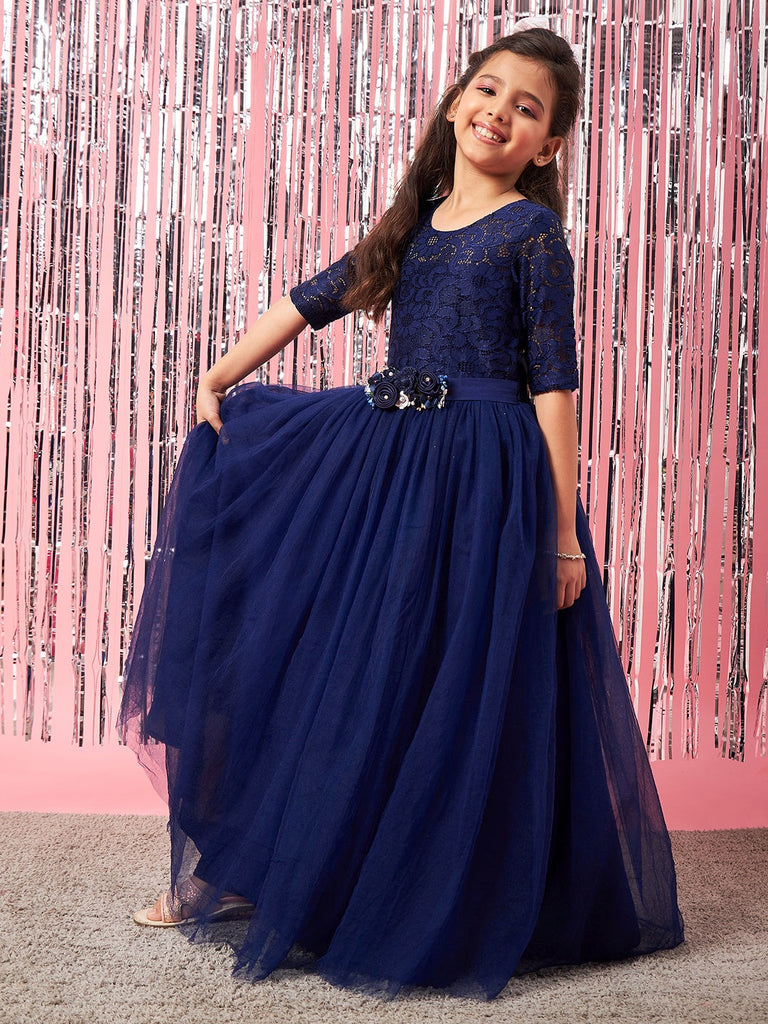 Girls Embellished Applique Fit & Flare Maxi Dress (d-navygown)