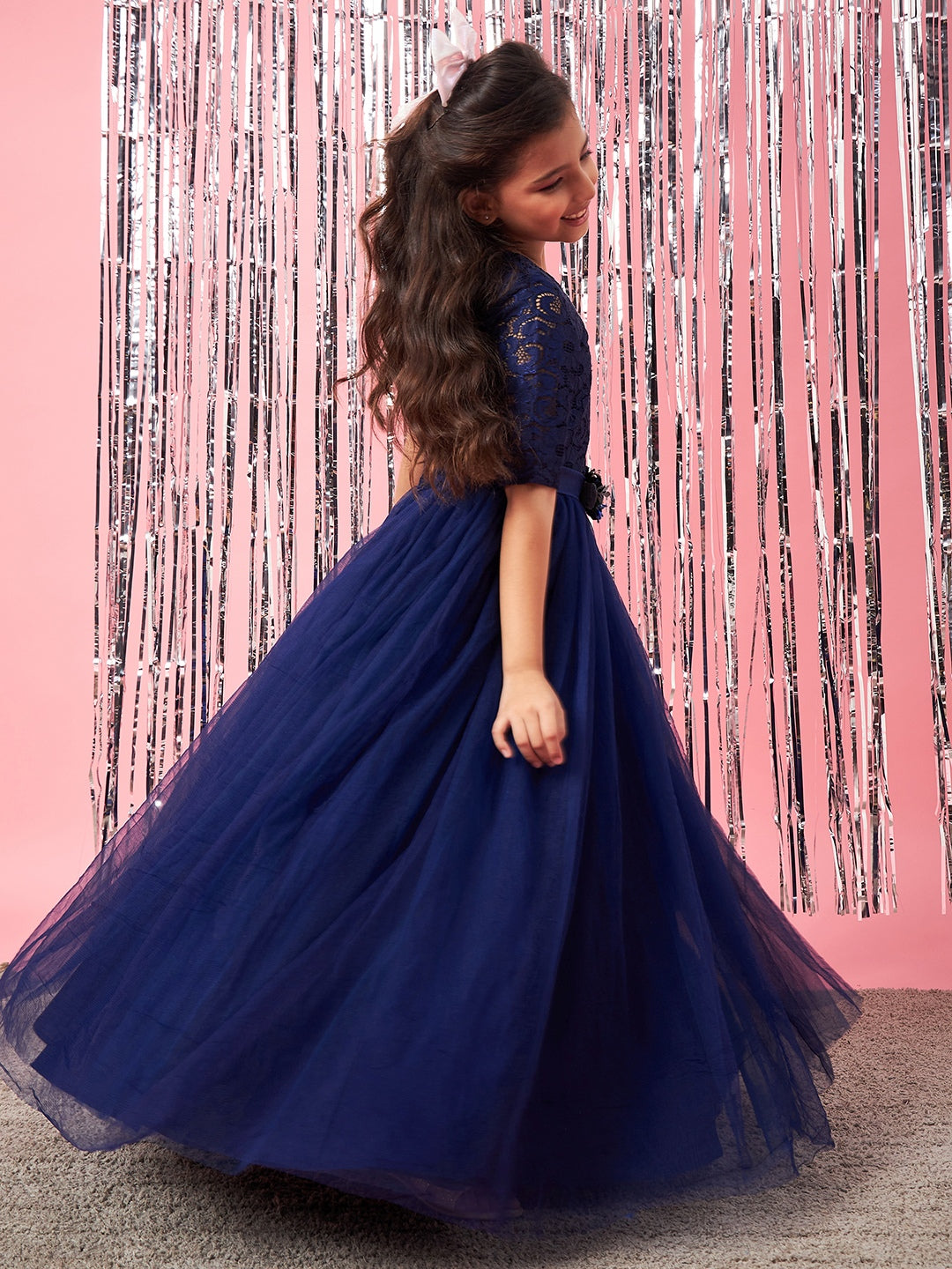 Girls Embellished Applique Fit & Flare Maxi Dress (d-navygown)