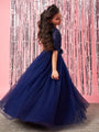 Girls Embellished Applique Fit & Flare Maxi Dress (d-navygown)