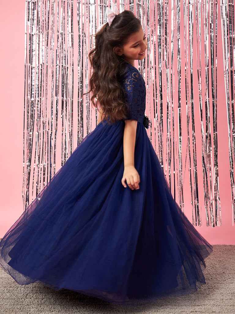 Girls Embellished Applique Fit & Flare Maxi Dress (d-navygown)