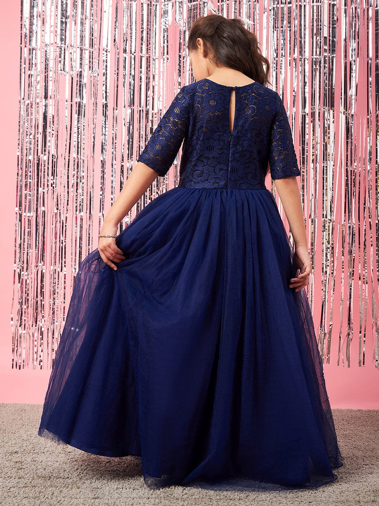 Girls Embellished Applique Fit & Flare Maxi Dress (d-navygown)