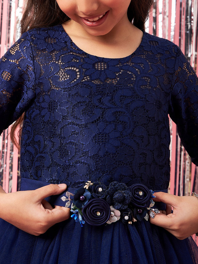 Girls Embellished Applique Fit & Flare Maxi Dress (d-navygown)