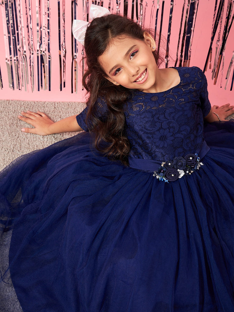 Girls Embellished Applique Fit & Flare Maxi Dress (d-navygown)