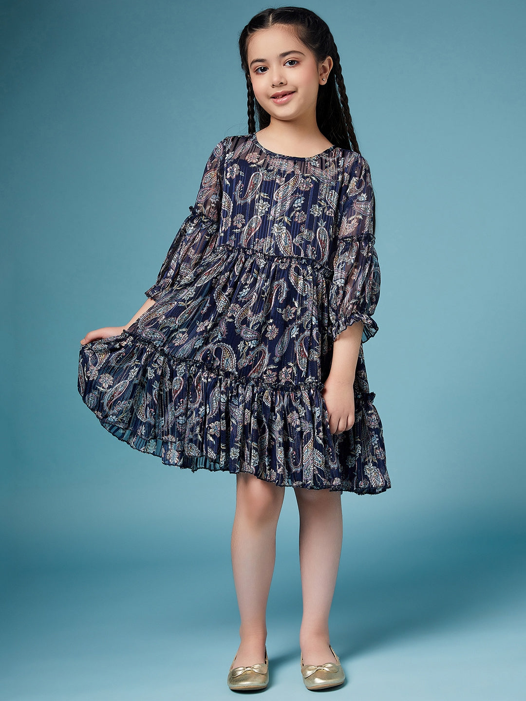 Girls Ethnic Motifs Printed Georgette A-Line Dress (d-navylurex)