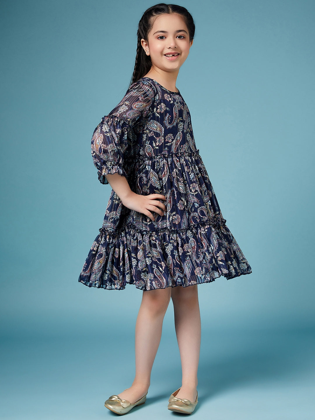Girls Ethnic Motifs Printed Georgette A-Line Dress (d-navylurex)
