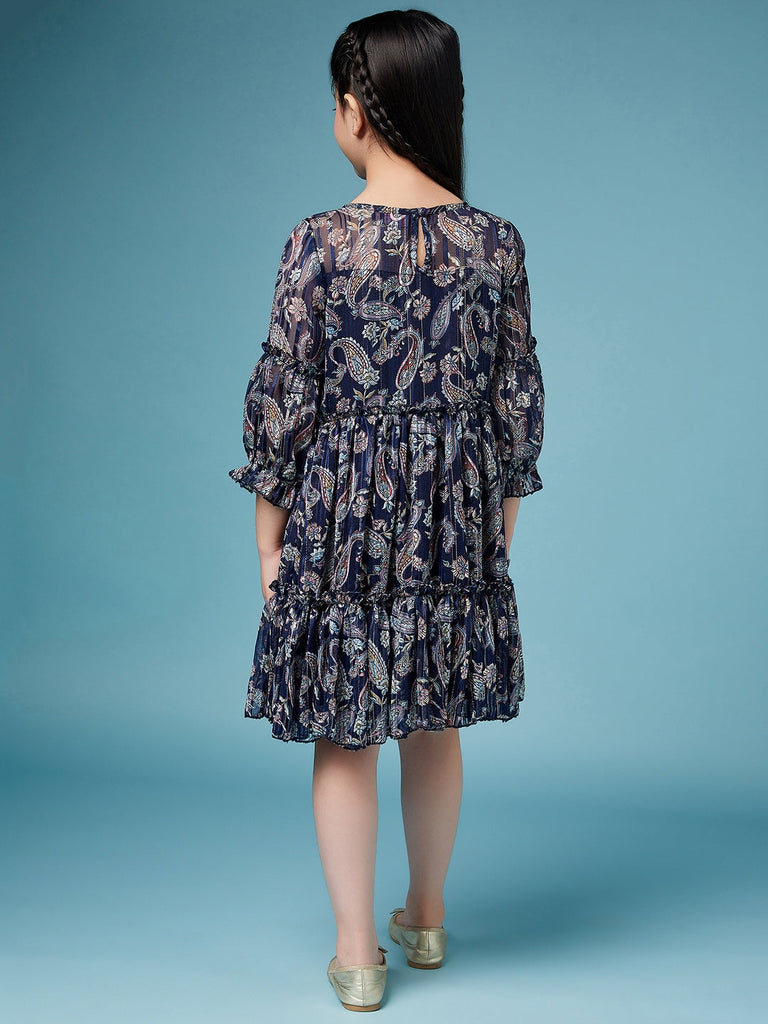 Girls Ethnic Motifs Printed Georgette A-Line Dress (d-navylurex)