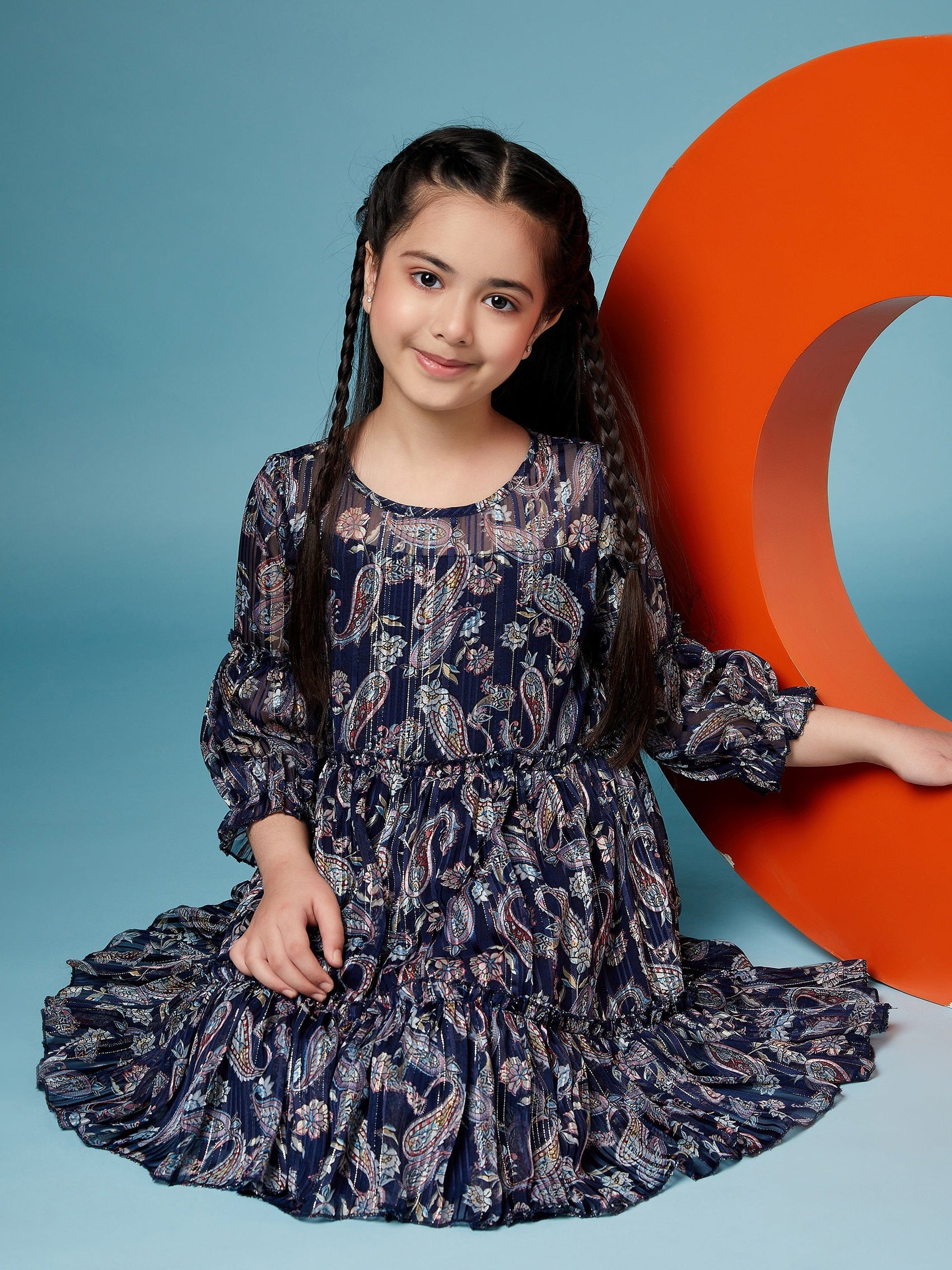 Girls Ethnic Motifs Printed Georgette A-Line Dress (d-navylurex)