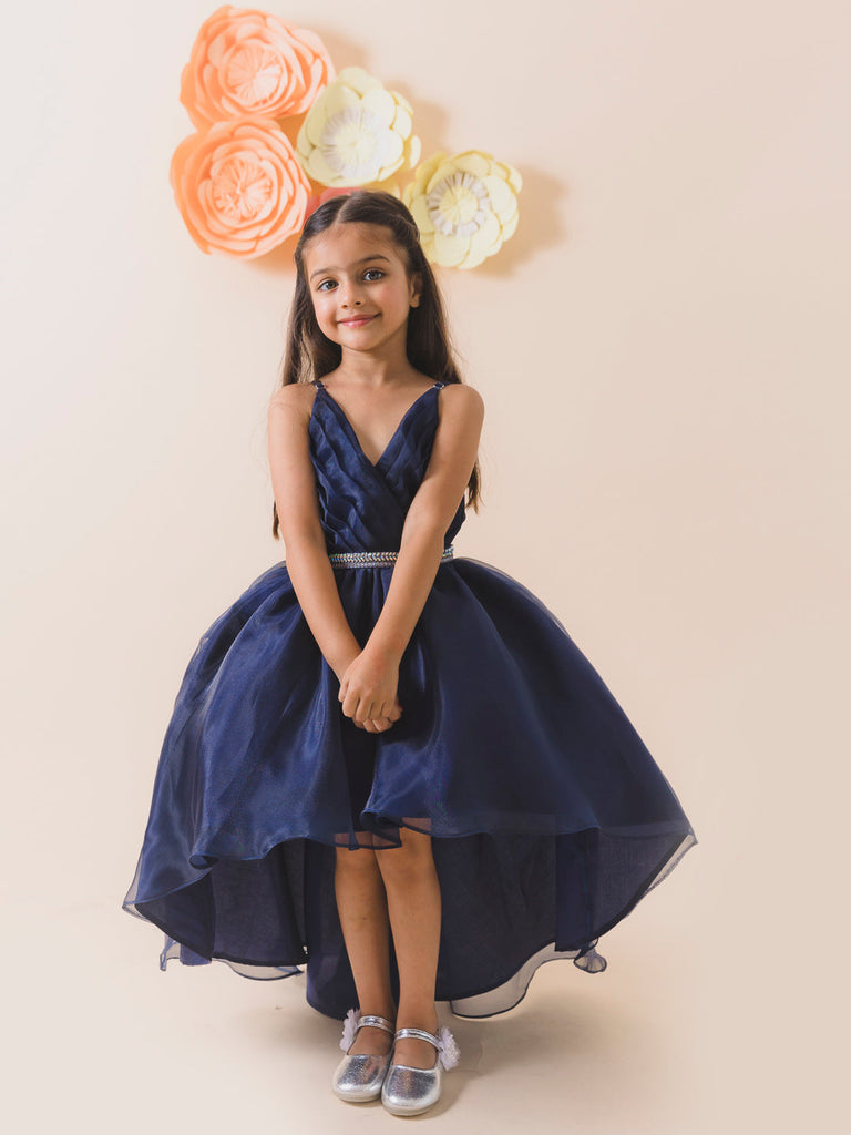 Girls Navy blue solid fit & flare dress Shoulder straps Sleeveless Maxi Party wear Dress (D-NAVYORGANZA)