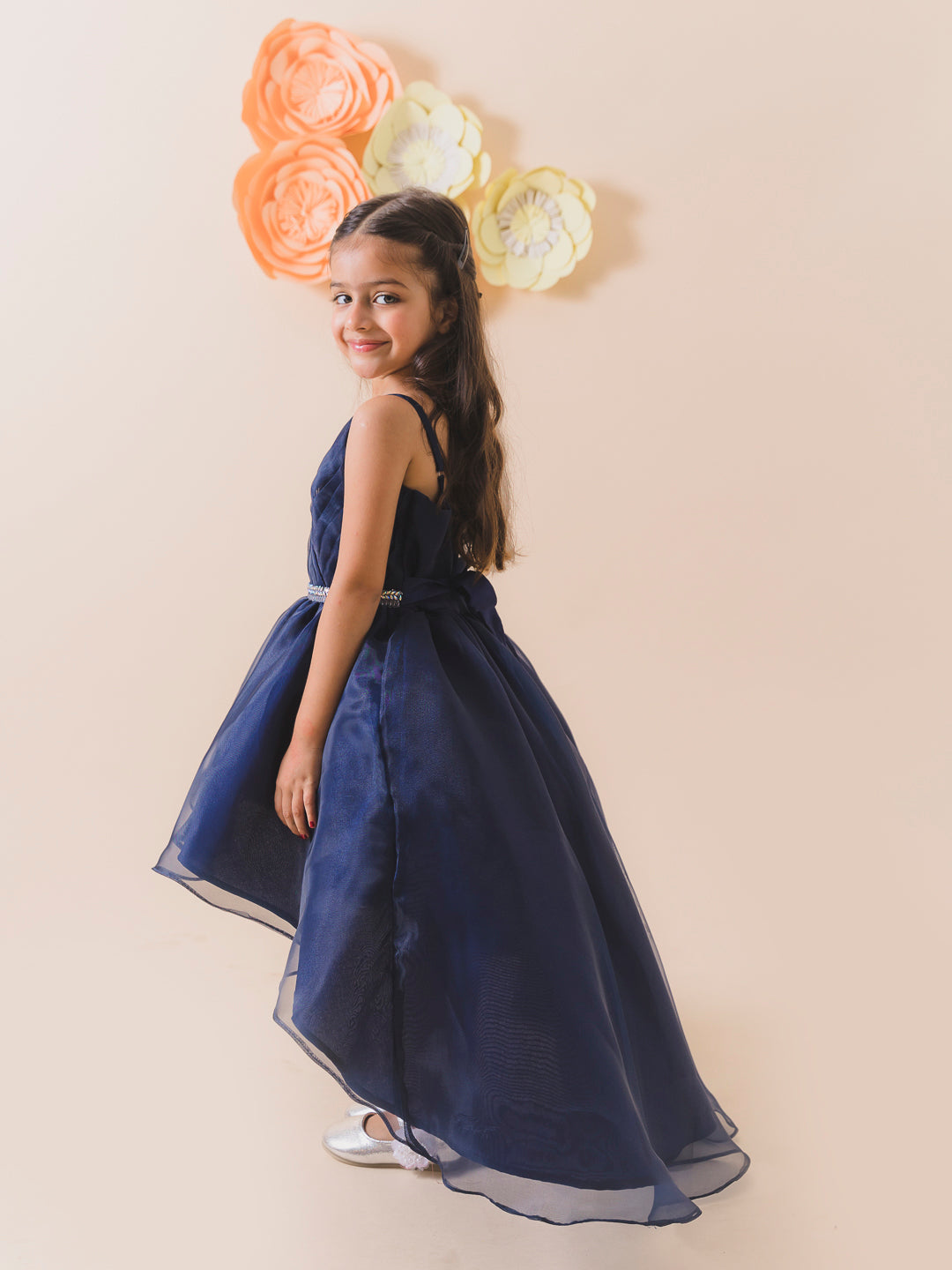 Girls Navy blue solid fit & flare dress Shoulder straps Sleeveless Maxi Party wear Dress (D-NAVYORGANZA)