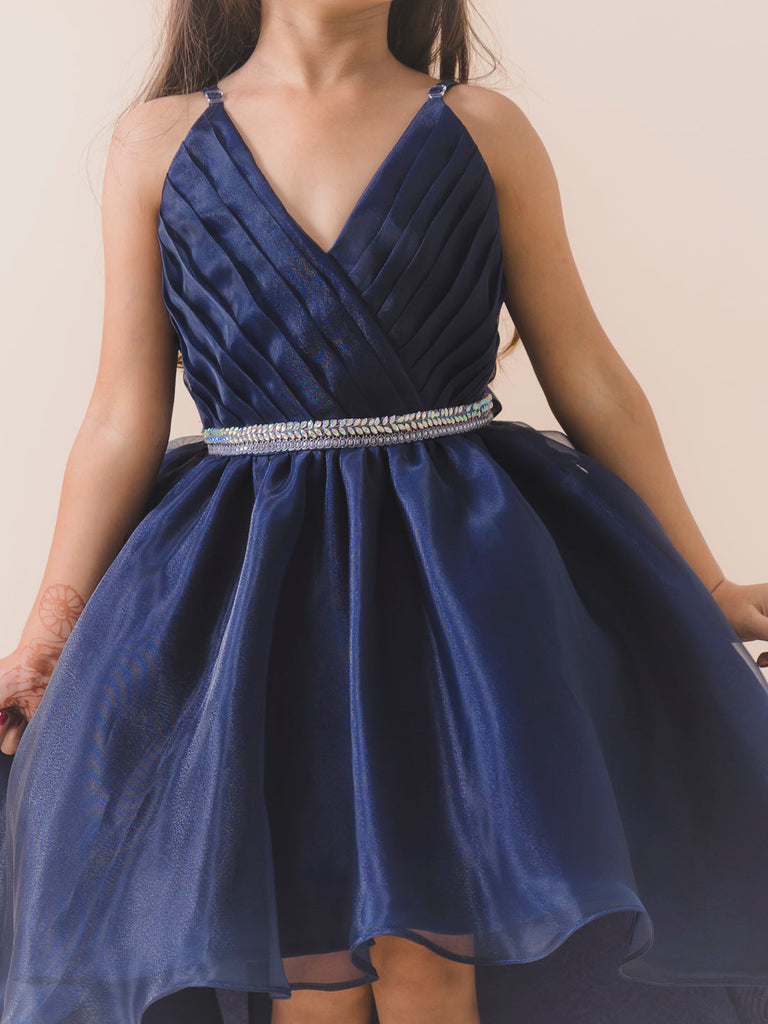 Girls Navy blue solid fit & flare dress Shoulder straps Sleeveless Maxi Party wear Dress (D-NAVYORGANZA)