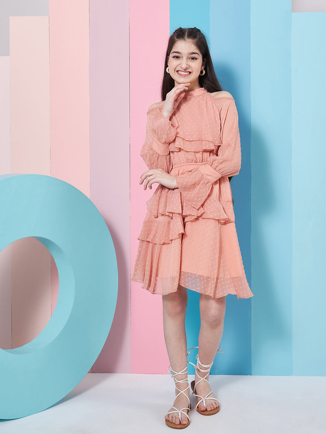 Girl's Self Design Halter Neck Bell Sleeves Layered Ruffled A-Line Dress Orange Color Stylish & Perfect for Everday Wear (d-nudegeo)