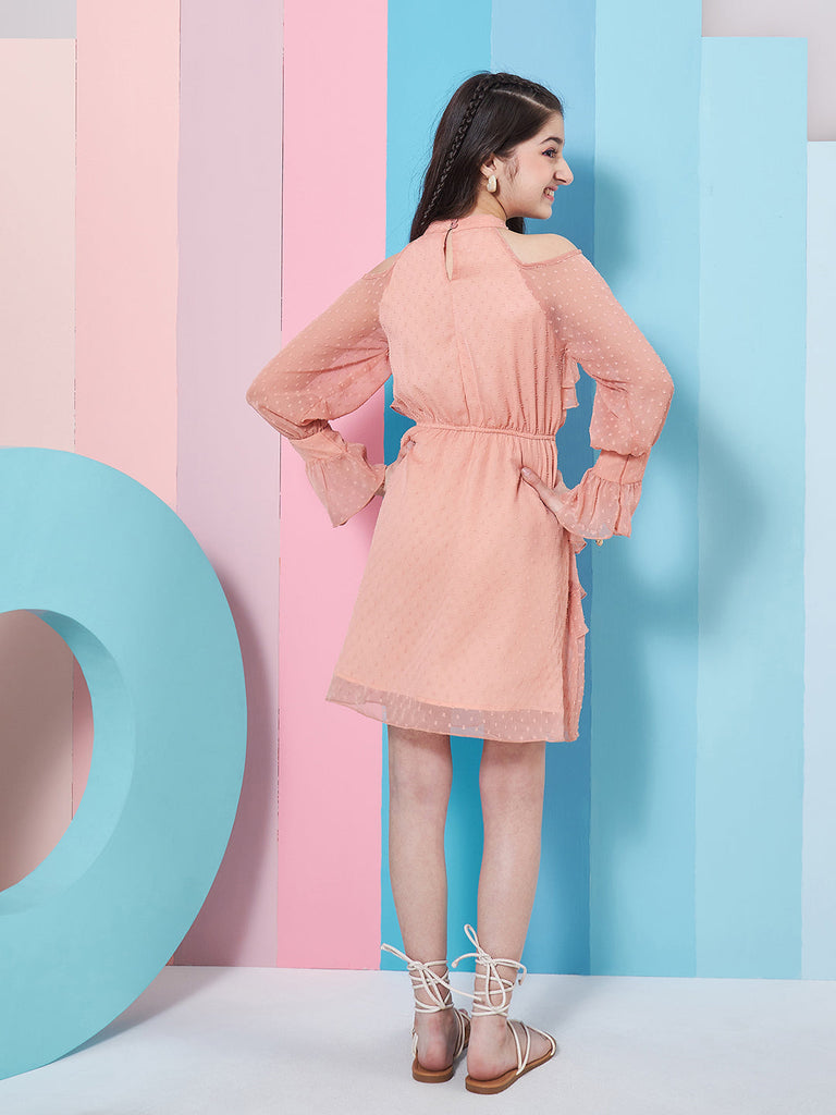 Girl's Self Design Halter Neck Bell Sleeves Layered Ruffled A-Line Dress Orange Color Stylish & Perfect for Everday Wear (d-nudegeo)