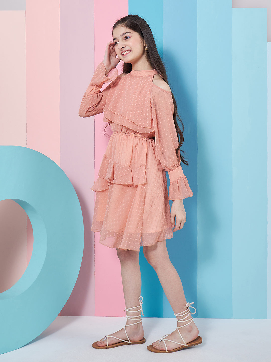 Girl's Self Design Halter Neck Bell Sleeves Layered Ruffled A-Line Dress Orange Color Stylish & Perfect for Everday Wear (d-nudegeo)
