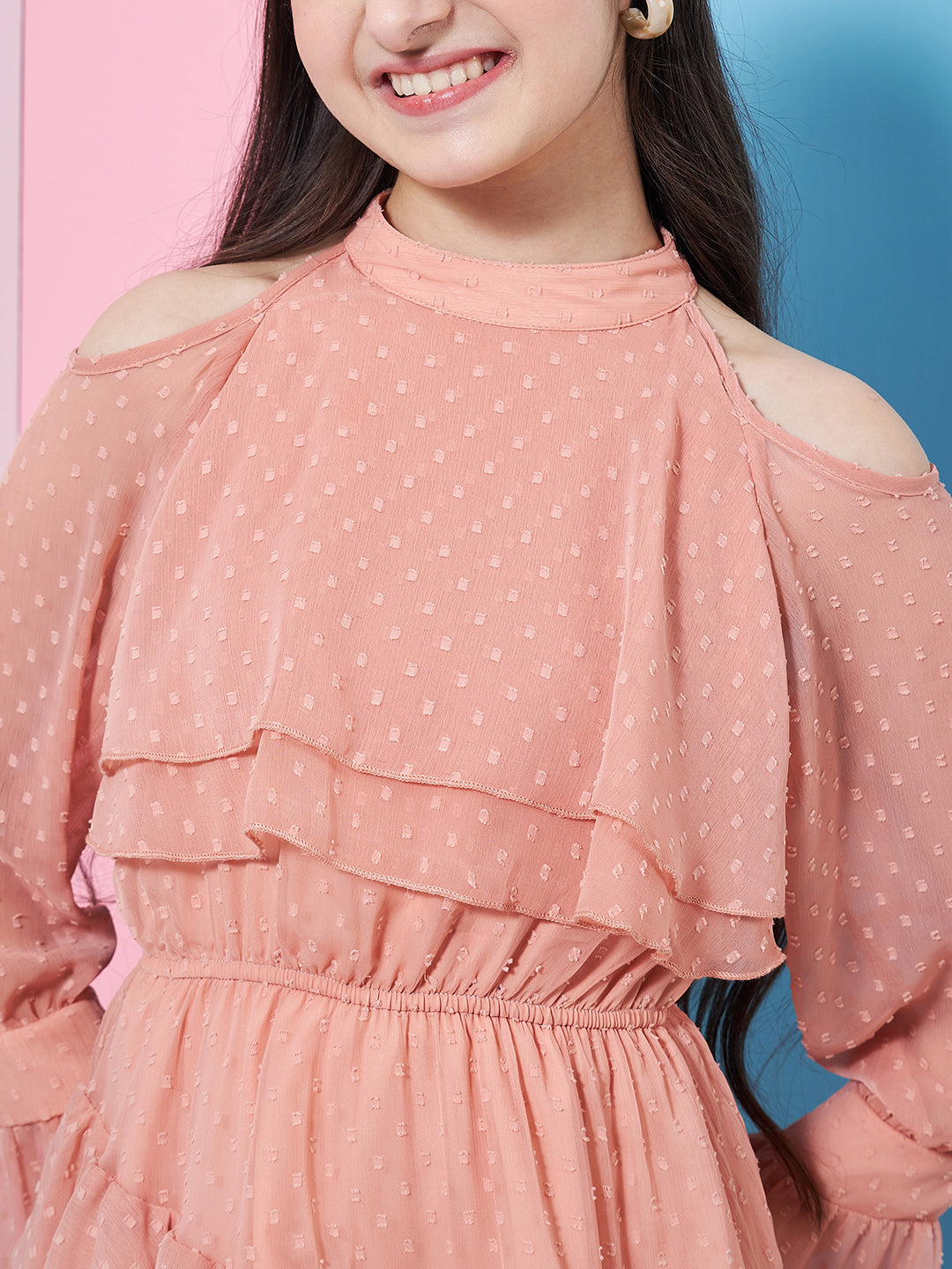 Girl's Self Design Halter Neck Bell Sleeves Layered Ruffled A-Line Dress Orange Color Stylish & Perfect for Everday Wear (d-nudegeo)