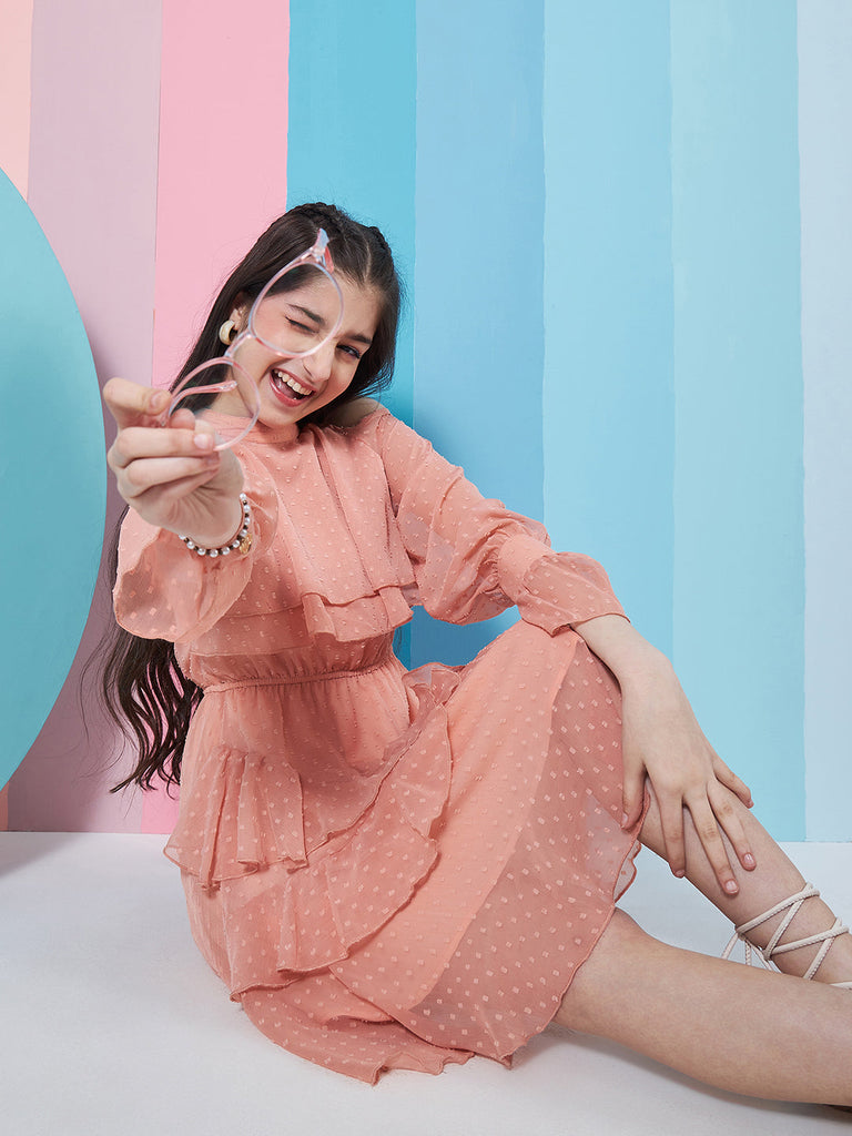 Girl's Self Design Halter Neck Bell Sleeves Layered Ruffled A-Line Dress Orange Color Stylish & Perfect for Everday Wear (d-nudegeo)