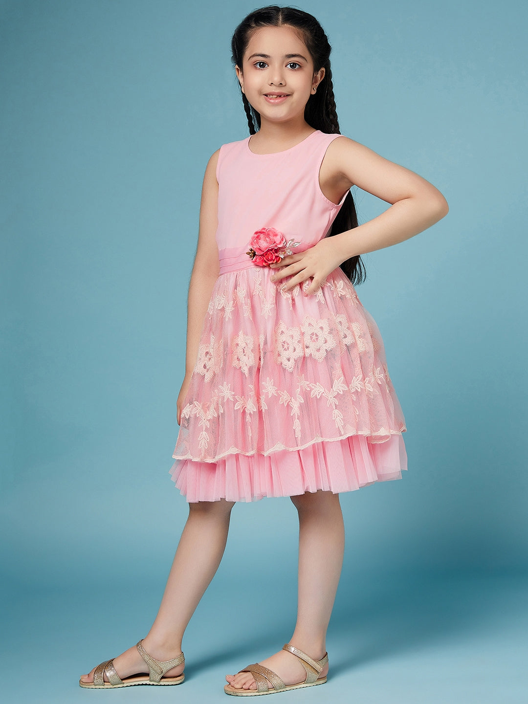 Girls Self Design fit & flare Georgette Dress Round neck Sleeveless Party wear Dress (d-nudepink)