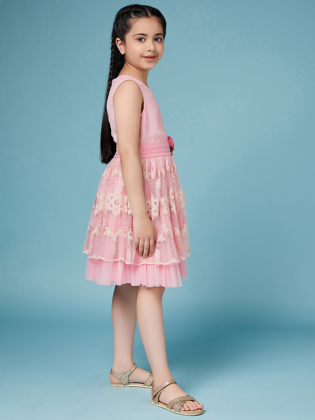 Girls Self Design fit & flare Georgette Dress Round neck Sleeveless Party wear Dress (d-nudepink)