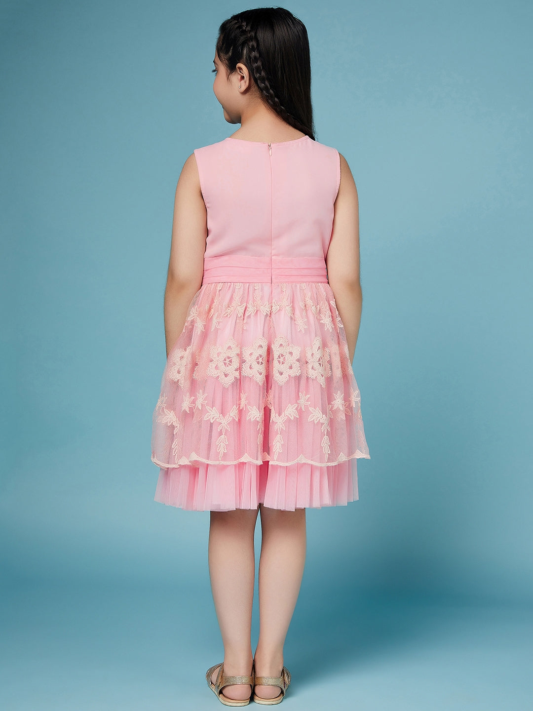 Girls Self Design fit & flare Georgette Dress Round neck Sleeveless Party wear Dress (d-nudepink)