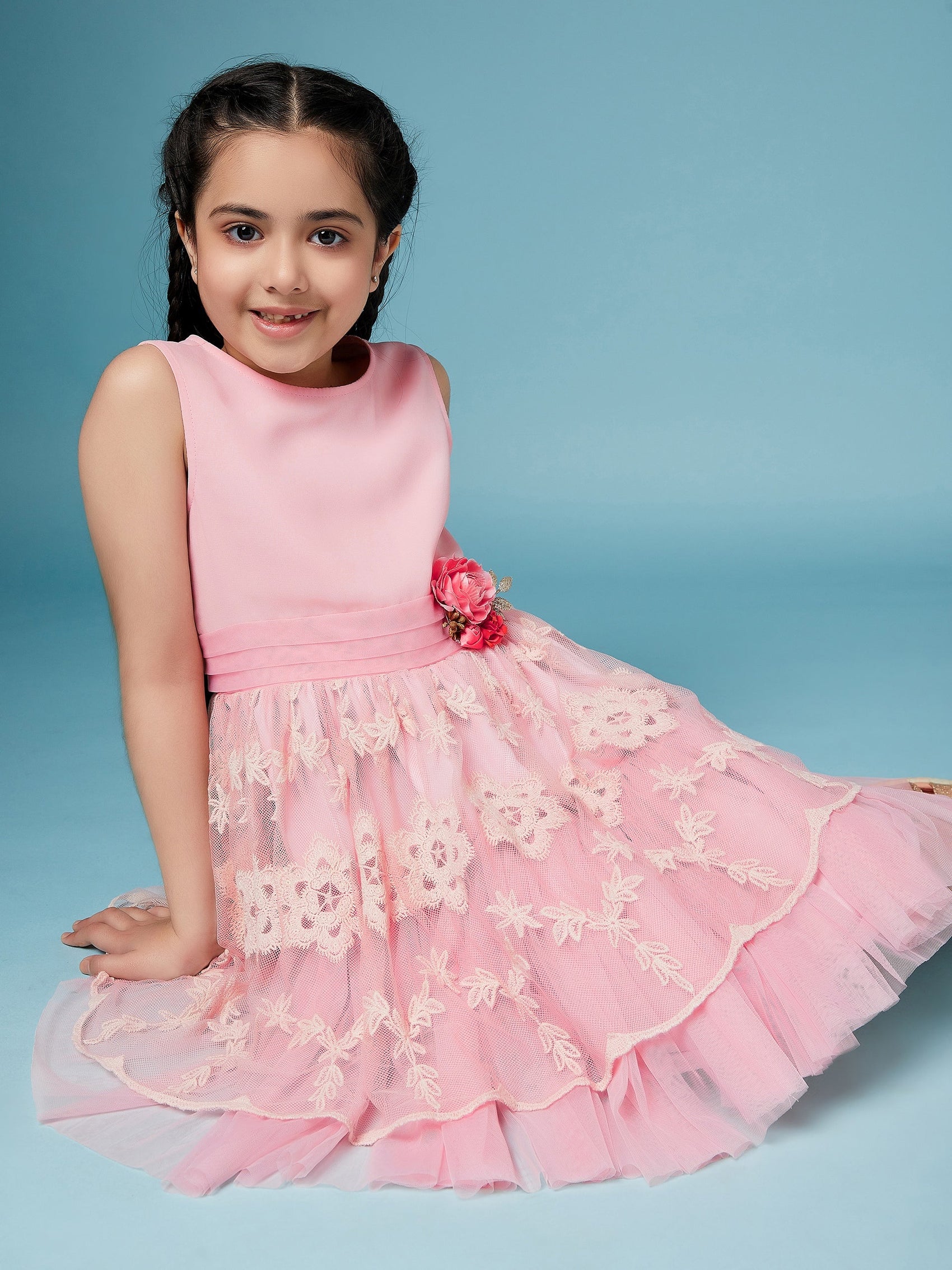 Girls Self Design fit & flare Georgette Dress Round neck Sleeveless Party wear Dress (d-nudepink)