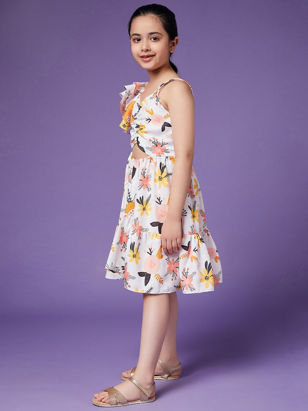Girls Flutter Sleeve Floral Dress (d-offfloral)