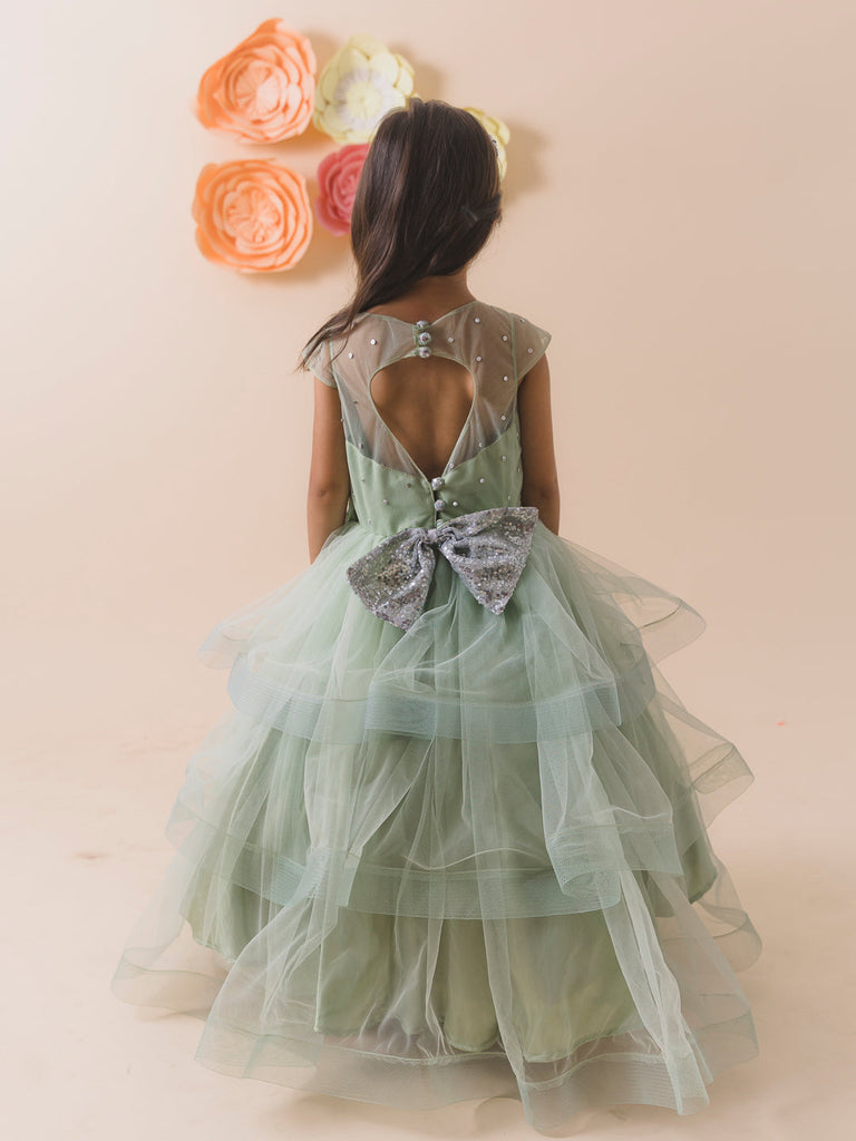 Olive Green Embellished Layered Net Maxi Dress (D-OLIVEGREEN)