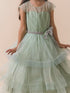 Olive Green Embellished Layered Net Maxi Dress (D-OLIVEGREEN)