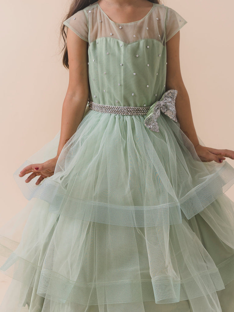 Olive Green Embellished Layered Net Maxi Dress (D-OLIVEGREEN)